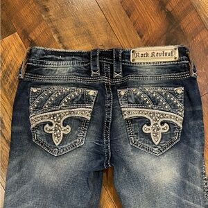 Rock Revival Dark Blue Boot Cut Jeans with Intricate Silver Details